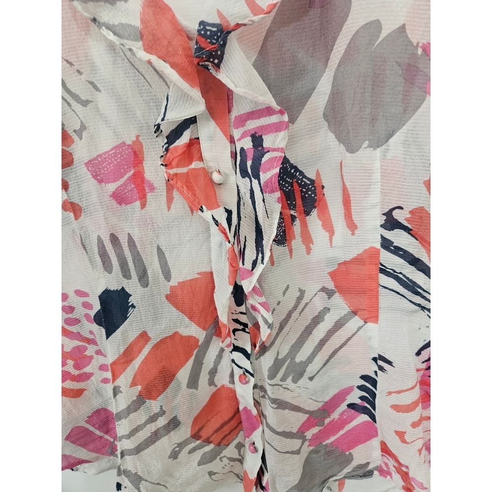 Banana Republic Silk Blend Abstract Print Ruffle Blouse Coral Pink Grey Medium - Picture 4 of 5